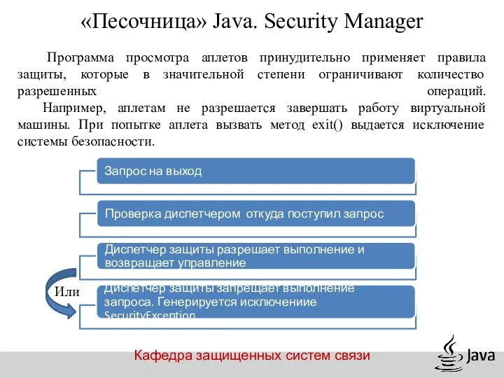 Кафедра защищенных систем связи «Песочница» Java. Security Manager Программа просмотра аплетов