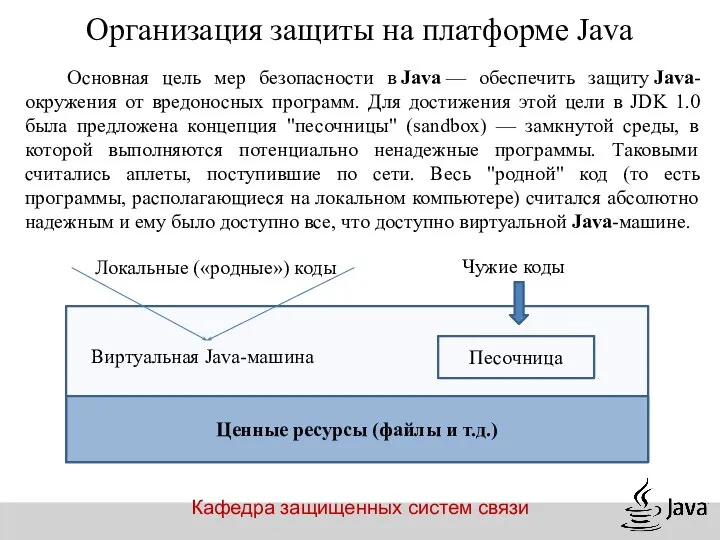 Кафедра защищенных систем связи Организация защиты на платформе Java Основная цель