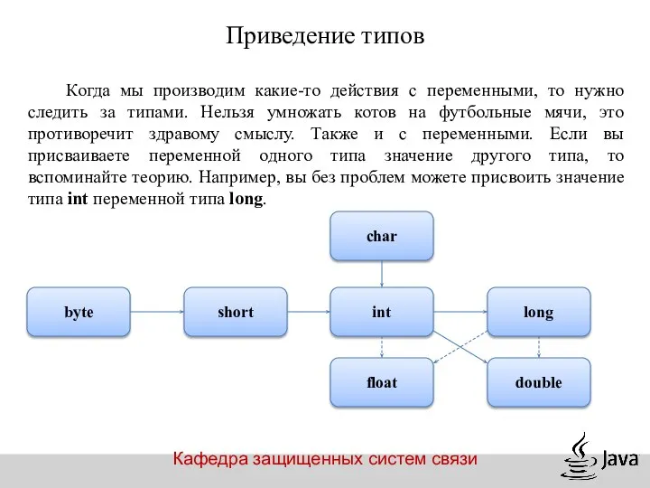 Кафедра защищенных систем связи Приведение типов Когда мы производим какие-то действия