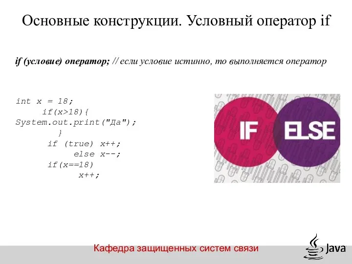 Кафедра защищенных систем связи Основные конструкции. Условный оператор if if (условие)