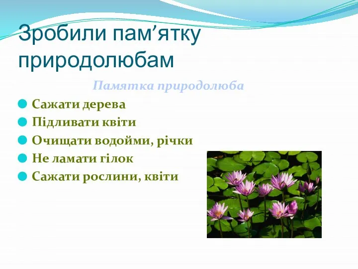 Зробили пам’ятку природолюбам Памятка природолюба Сажати дерева Підливати квіти Очищати водойми,