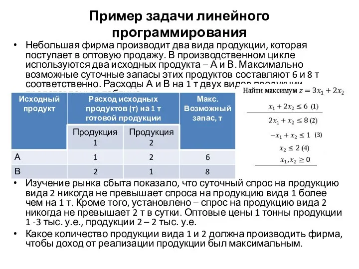 Пример задачи линейного программирования Небольшая фирма производит два вида продукции, которая