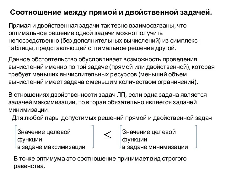 Соотношение между прямой и двойственной задачей. Прямая и двойственная задачи так