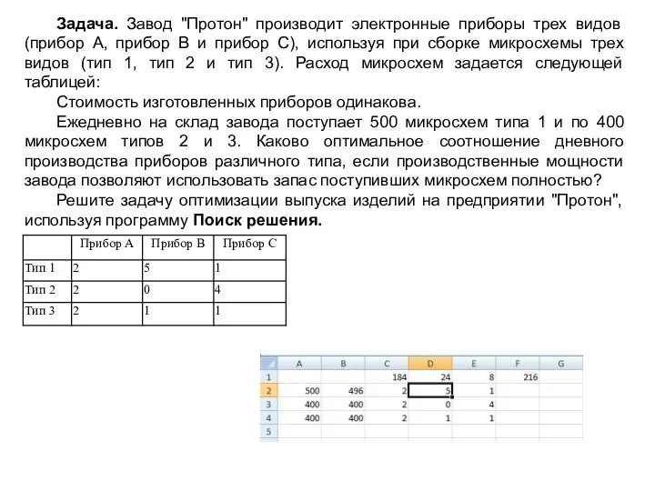 Задача. Завод "Протон" производит электронные приборы трех видов (прибор А, прибор