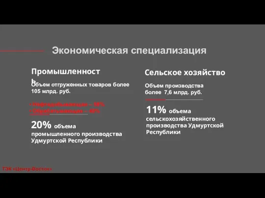 Экономическая специализация Промышленность 20% объема промышленного производства Удмуртской Республики Объем отгруженных