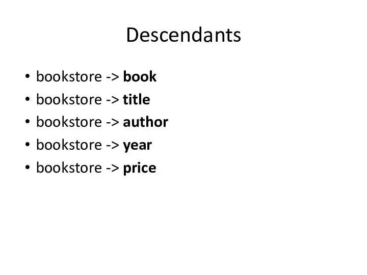 Descendants bookstore -> book bookstore -> title bookstore -> author bookstore -> year bookstore -> price