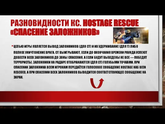 РАЗНОВИДНОСТИ КС. HOSTAGE RESCUE «СПАСЕНИЕ ЗАЛОЖНИКОВ» ЦЕЛЬЮ ИГРЫ ЯВЛЯЕТСЯ ВЫВОД ЗАЛОЖНИКОВ