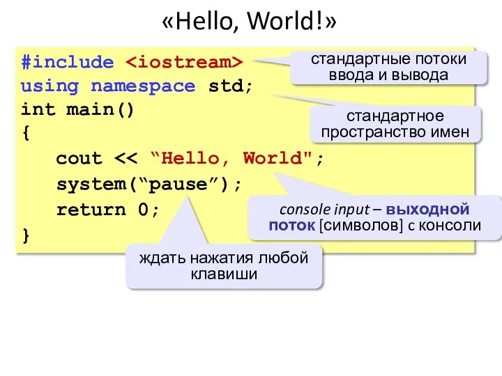 «Hello, World!» #include using namespace std; int main() { cout system(“pause”);