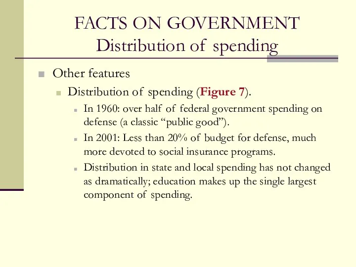 FACTS ON GOVERNMENT Distribution of spending Other features Distribution of spending