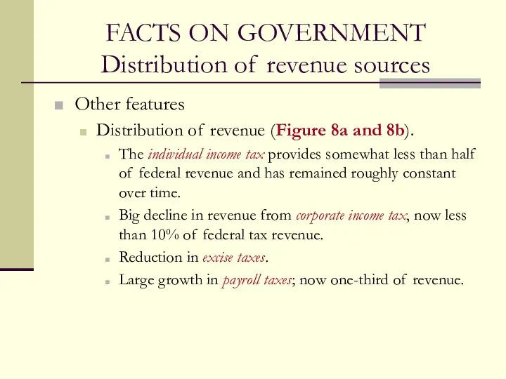 FACTS ON GOVERNMENT Distribution of revenue sources Other features Distribution of