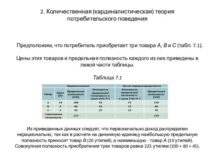 2. Количественная (кардиналистическая) теория потребительского поведения Предположим, что потребитель приобретает три