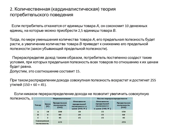 2. Количественная (кардиналистическая) теория потребительского поведения Если потребитель откажется от единицы