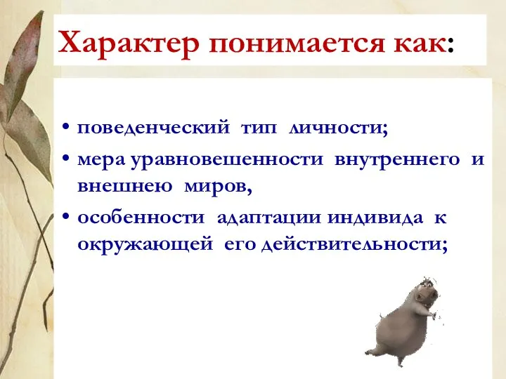 Характер понимается как: поведенческий тип личности; мера уравновешенности внутреннего и внешнею