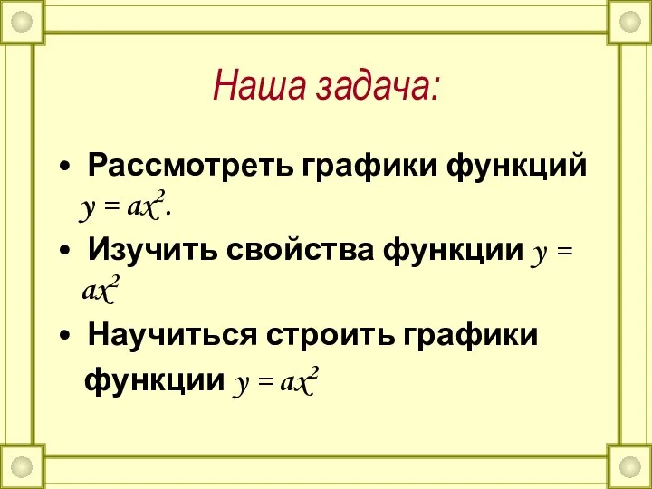 Наша задача: Рассмотреть графики функций y = ax2. Изучить свойства функции