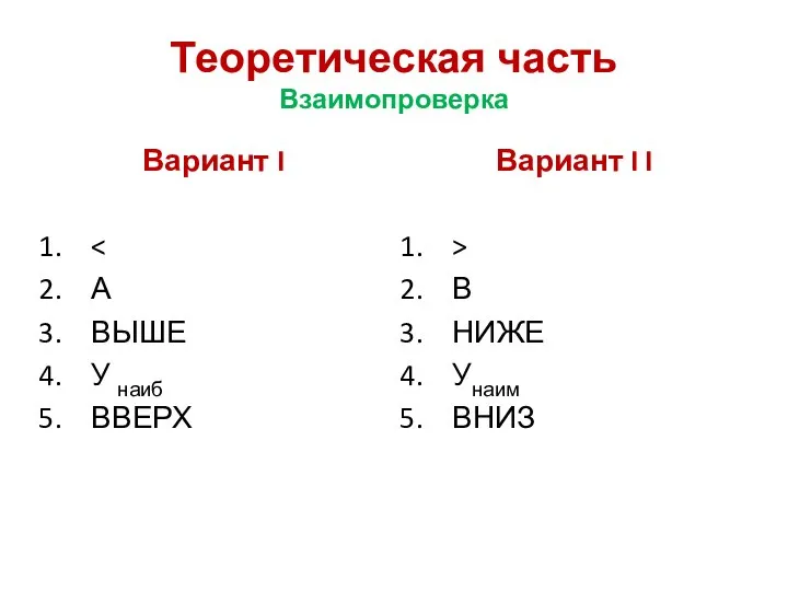 Теоретическая часть Взаимопроверка Вариант I А ВЫШЕ У наиб ВВЕРХ Вариант