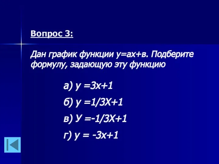 Вопрос 3: Дан график функции у=ах+в. Подберите формулу, задающую эту функцию