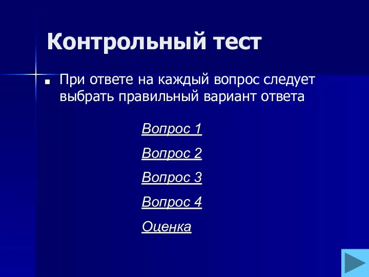 Контрольный тест При ответе на каждый вопрос следует выбрать правильный вариант