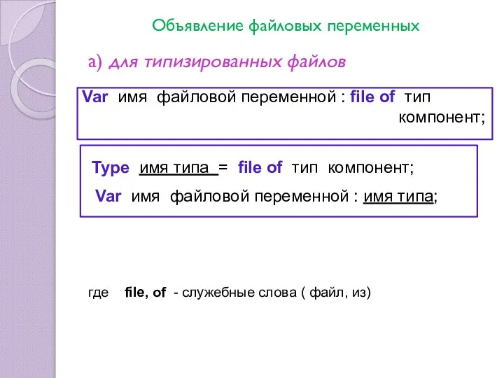 Объявление файловых переменных а) для типизированных файлов где file, of -