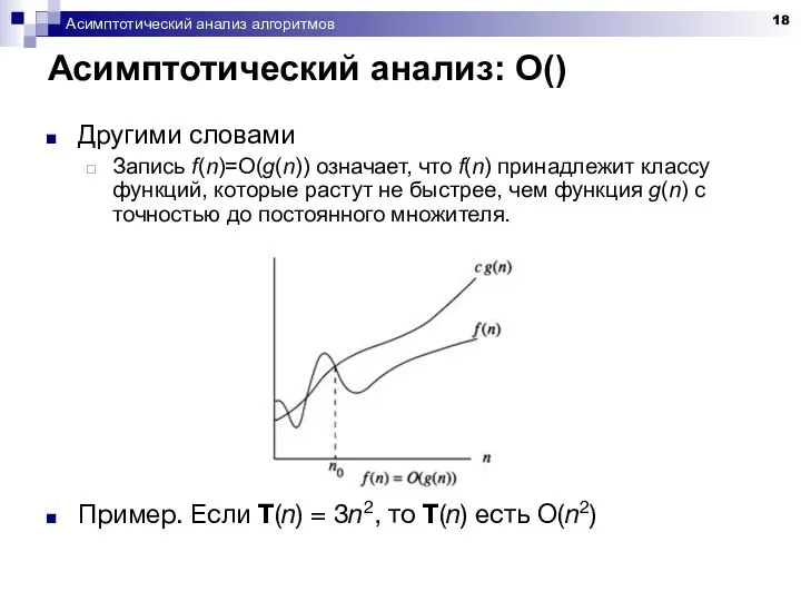 Асимптотический анализ алгоритмов Асимптотический анализ: O() Другими словами Запись f(n)=O(g(n)) означает,