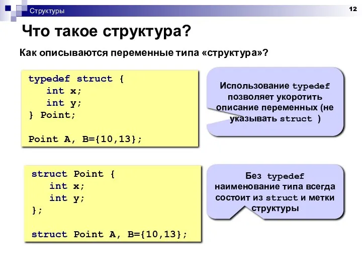 Структуры Что такое структура? Как описываются переменные типа «структура»? typedef struct