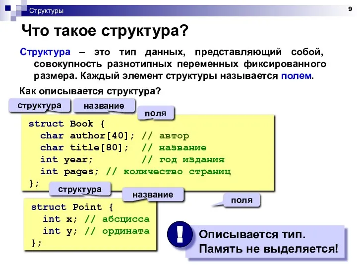 Структуры Что такое структура? Структура – это тип данных, представляющий собой,