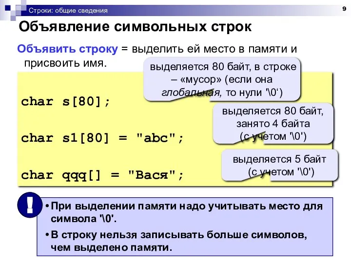 Строки: общие сведения Объявление символьных строк Объявить строку = выделить ей