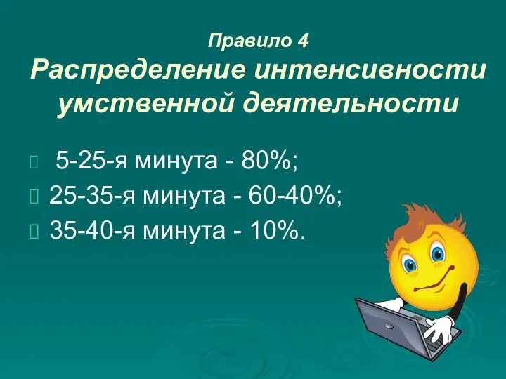 Правило 4 Распределение интенсивности умственной деятельности 5-25-я минута - 80%; 25-35-я