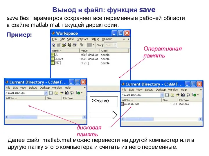 Вывод в файл: функция save save без параметров сохраняет все переменные