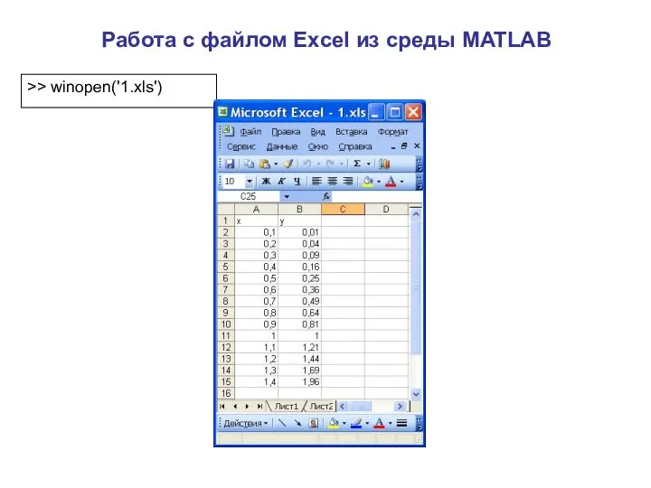 Работа с файлом Excel из среды MATLAB >> winopen('1.xls')
