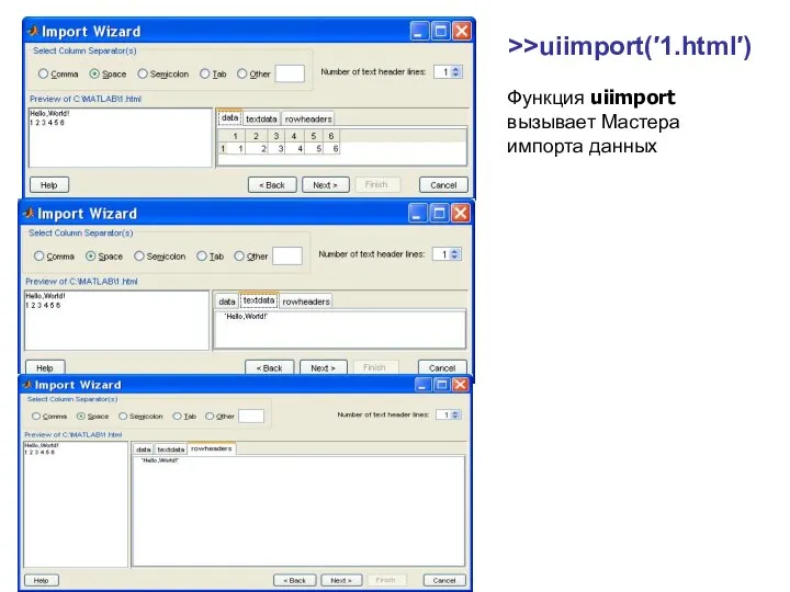 >>uiimport(′1.html′) Функция uiimport вызывает Мастера импорта данных