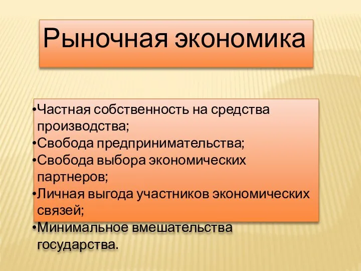 Частная собственность на средства производства; Свобода предпринимательства; Свобода выбора экономических партнеров;