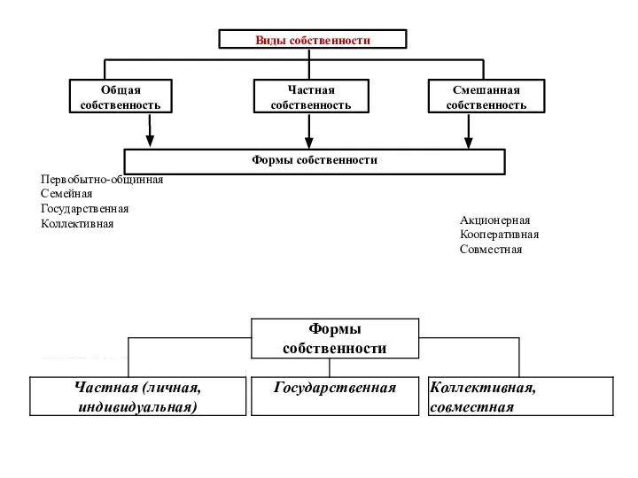 Виды собственности Общая собственность Частная собственность Смешанная собственность Формы собственности Первобытно-общинная