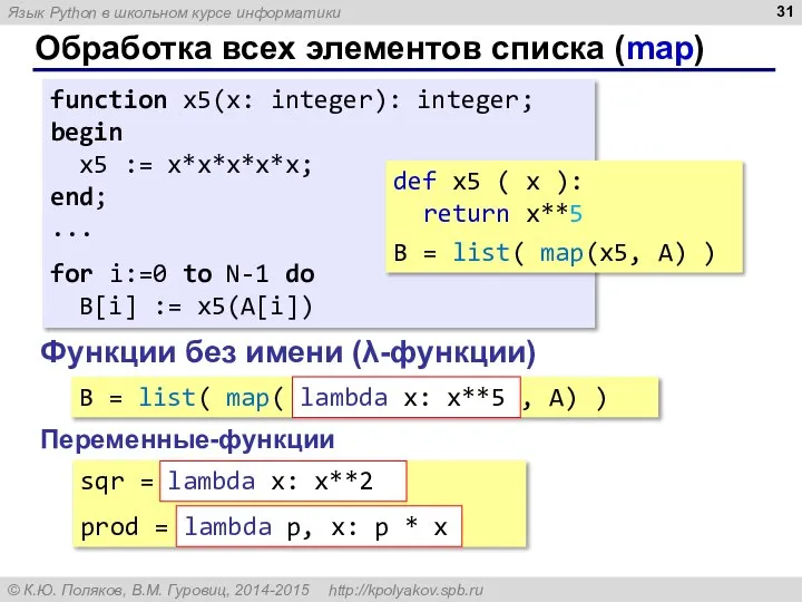 Обработка всех элементов списка (map) Функции без имени (λ-функции) function x5(x: