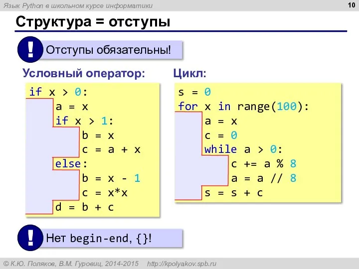 Структура = отступы Условный оператор: if x > 0: a =