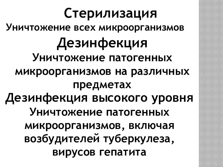 Стерилизация Уничтожение всех микроорганизмов Дезинфекция Уничтожение патогенных микроорганизмов на различных предметах