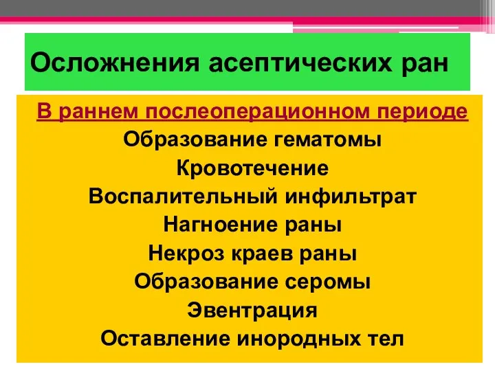 Осложнения асептических ран В раннем послеоперационном периоде Образование гематомы Кровотечение Воспалительный