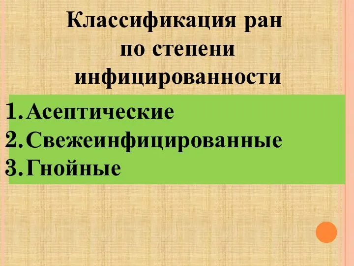 Классификация ран по степени инфицированности Асептические Свежеинфицированные Гнойные