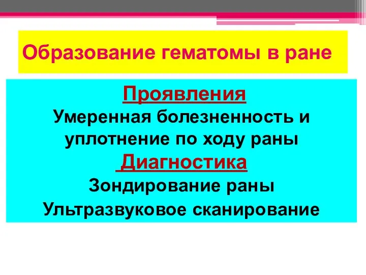 Образование гематомы в ране Проявления Умеренная болезненность и уплотнение по ходу