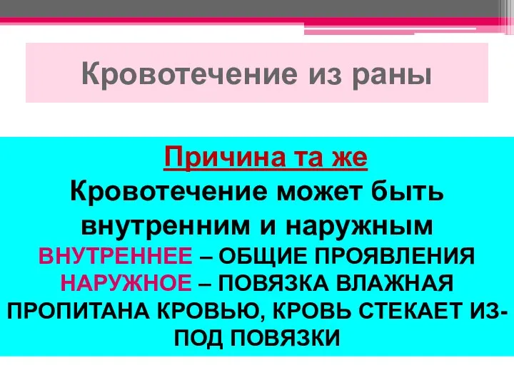 Кровотечение из раны Причина та же Кровотечение может быть внутренним и