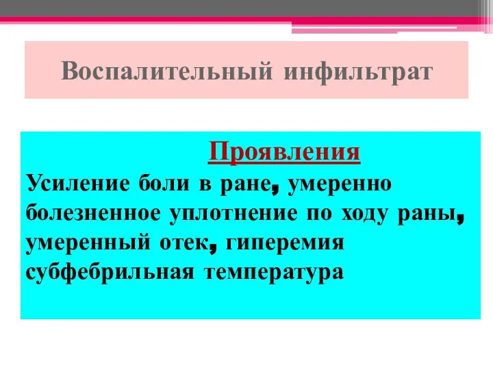 Воспалительный инфильтрат Проявления Усиление боли в ране, умеренно болезненное уплотнение по