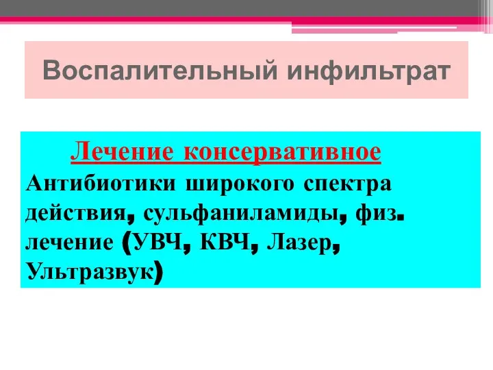 Воспалительный инфильтрат Лечение консервативное Антибиотики широкого спектра действия, сульфаниламиды, физ. лечение (УВЧ, КВЧ, Лазер, Ультразвук)