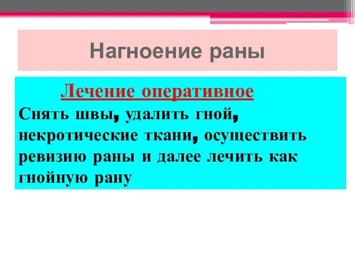 Нагноение раны Лечение оперативное Снять швы, удалить гной, некротические ткани, осуществить