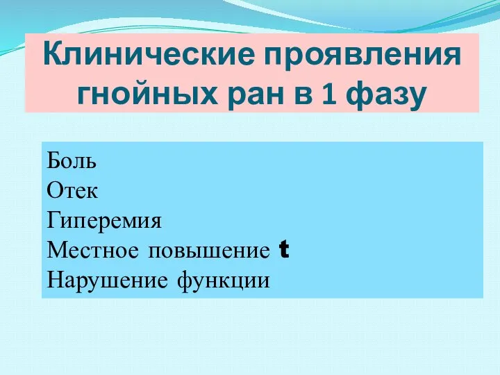 Клинические проявления гнойных ран в 1 фазу Боль Отек Гиперемия Местное повышение t Нарушение функции