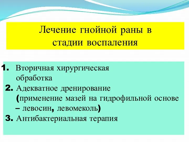 Лечение гнойной раны в стадии воспаления Вторичная хирургическая обработка 2. Адекватное