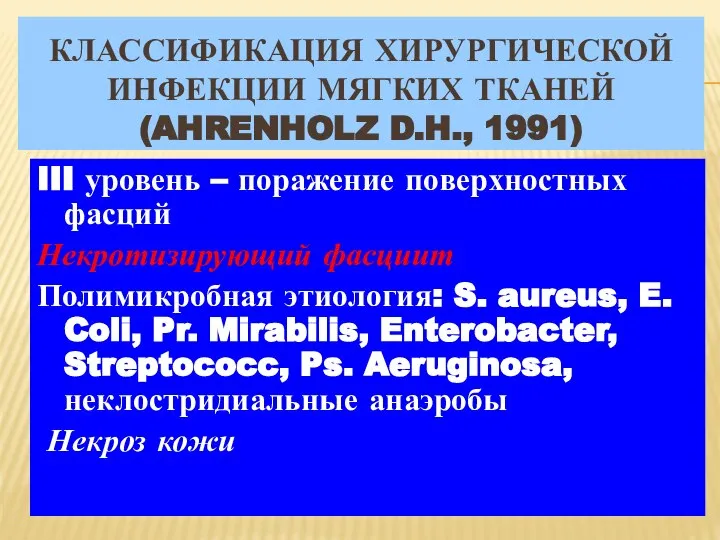 КЛАССИФИКАЦИЯ ХИРУРГИЧЕСКОЙ ИНФЕКЦИИ МЯГКИХ ТКАНЕЙ (AHRENHOLZ D.H., 1991) III уровень –