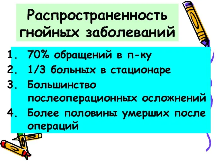 Распространенность гнойных заболеваний 70% обращений в п-ку 1/3 больных в стационаре