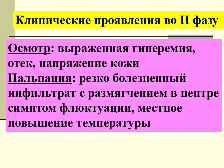 Клинические проявления во ІІ фазу Осмотр: выраженная гиперемия, отек, напряжение кожи