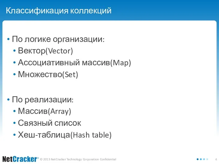 Классификация коллекций По логике организации: Вектор(Vector) Ассоциативный массив(Map) Множество(Set) По реализации: Массив(Array) Связный список Хеш-таблица(Hash table)