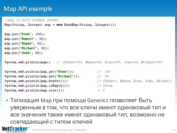 Map API example Типизация Map при помощи Generics позволяет быть уверенным