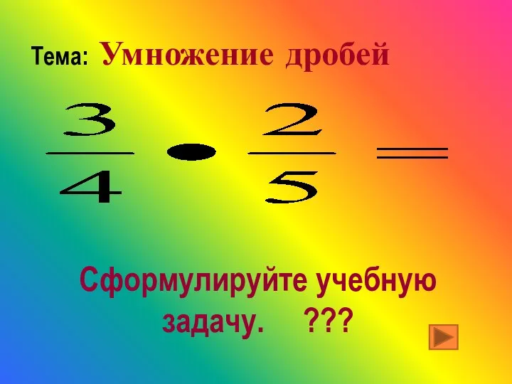 Тема: Умножение дробей Сформулируйте учебную задачу. ???